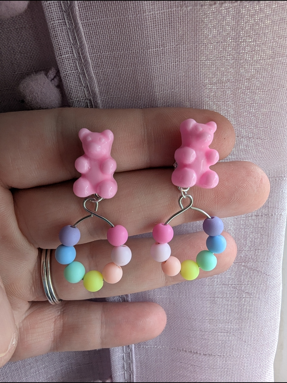 Pink Gummy Bear Hoop Earrings with Pastel Beads